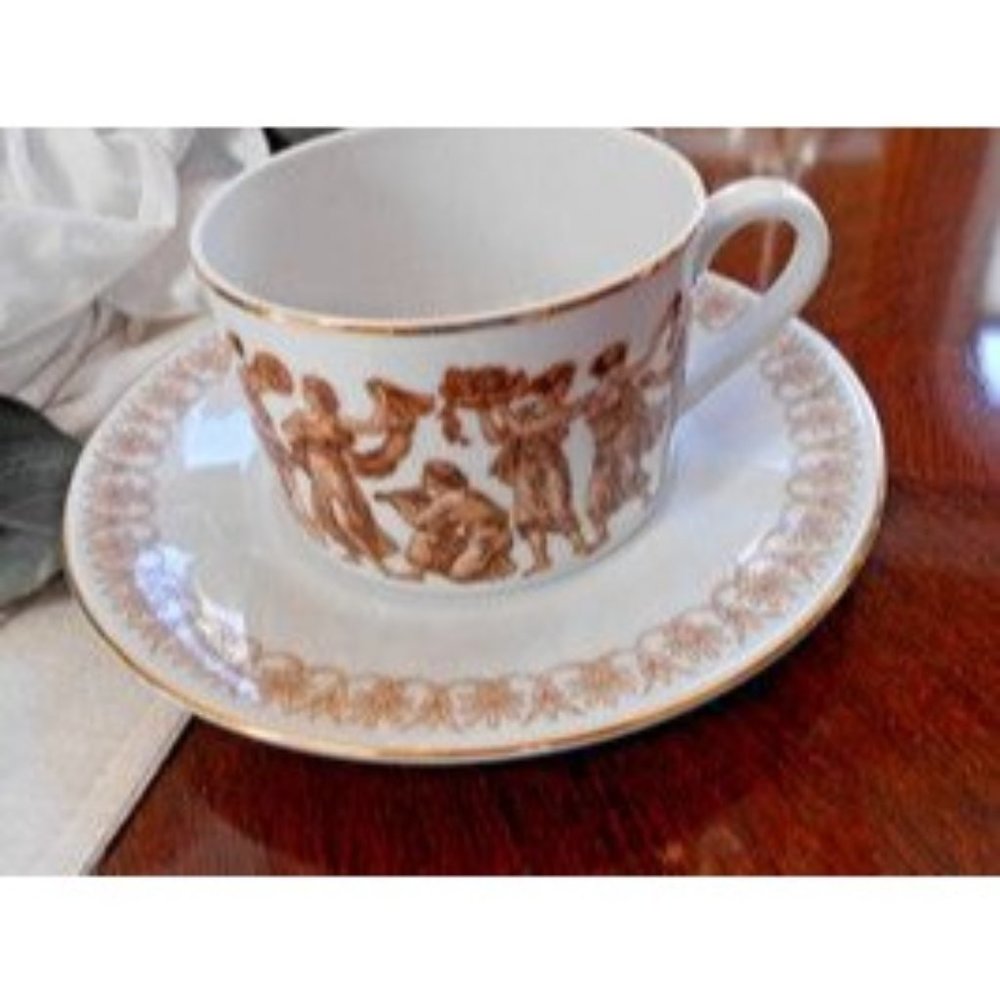 1 Seyei Fine China SEY5 Ancient Greek Figure Gold Trim Vintage Flat Cup Saucer